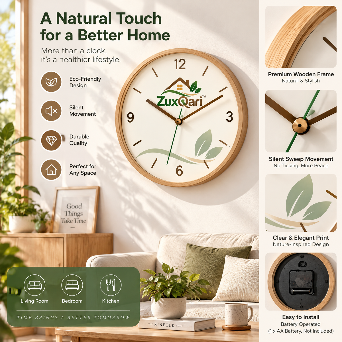 ZuxQari™ 12-Inch Modern Wooden Wall Clock, Silent Non-Ticking Nature Botanical Dial, Minimalist Decorative Clock for Living Room &amp; Home Decor