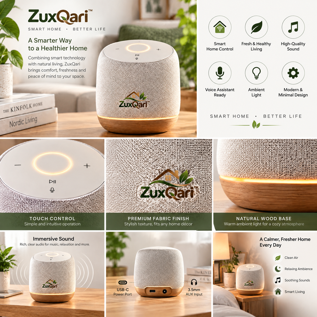 ZuxQari™ Smart Home Bluetooth Speaker with Warm Ambient Light &amp; Touch Control – Nordic Fabric &amp; Natural Wood Finish