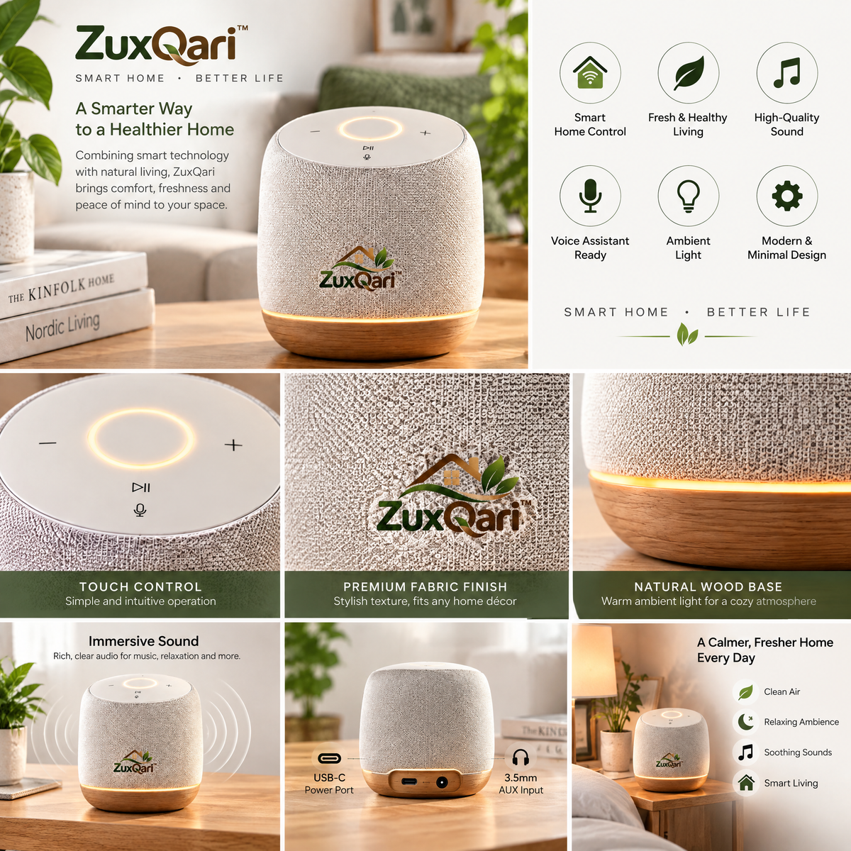 ZuxQari™ Smart Home Bluetooth Speaker with Warm Ambient Light &amp; Touch Control – Nordic Fabric &amp; Natural Wood Finish