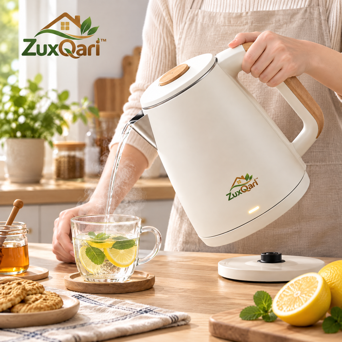 ZuxQari™ 1.7L Electric Kettle – Matte White Fast-Boiling Tea Kettle with Wood-Grain Accents &amp; Auto Shut-Off