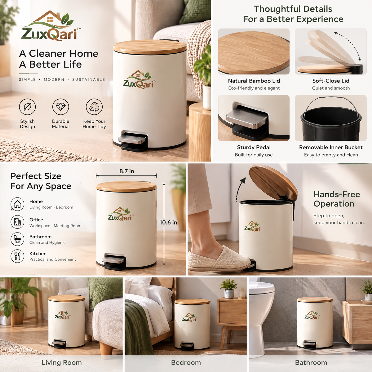 ZuxQari™ Nordic Style Step Trash Can with Natural Wood Lid – Modern Compact Hands-Free Garbage Bin for Bathroom, Bedroom, Living Room &amp; Office