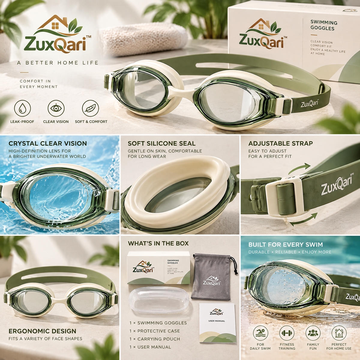 ZuxQari™ Anti-Fog Swimming Goggles – Ultra-Soft Leak-Proof Swim Eyewear with Crystal Clear Vision for Adults &amp; Teens (Sage Green)
