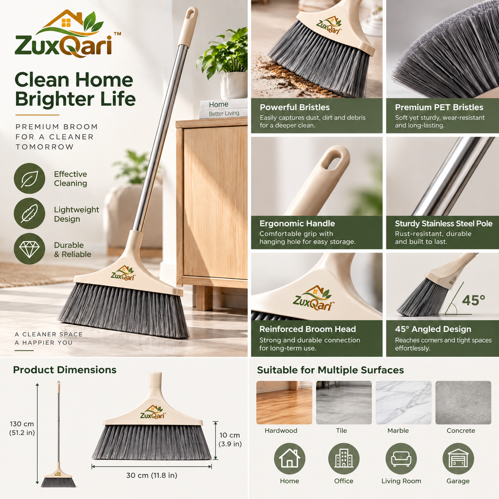 ZuxQari™ Premium Indoor Broom with Stainless Steel Handle – Lightweight &amp; Heavy-Duty Sweeper for Home, Kitchen, and Office Floor Cleaning