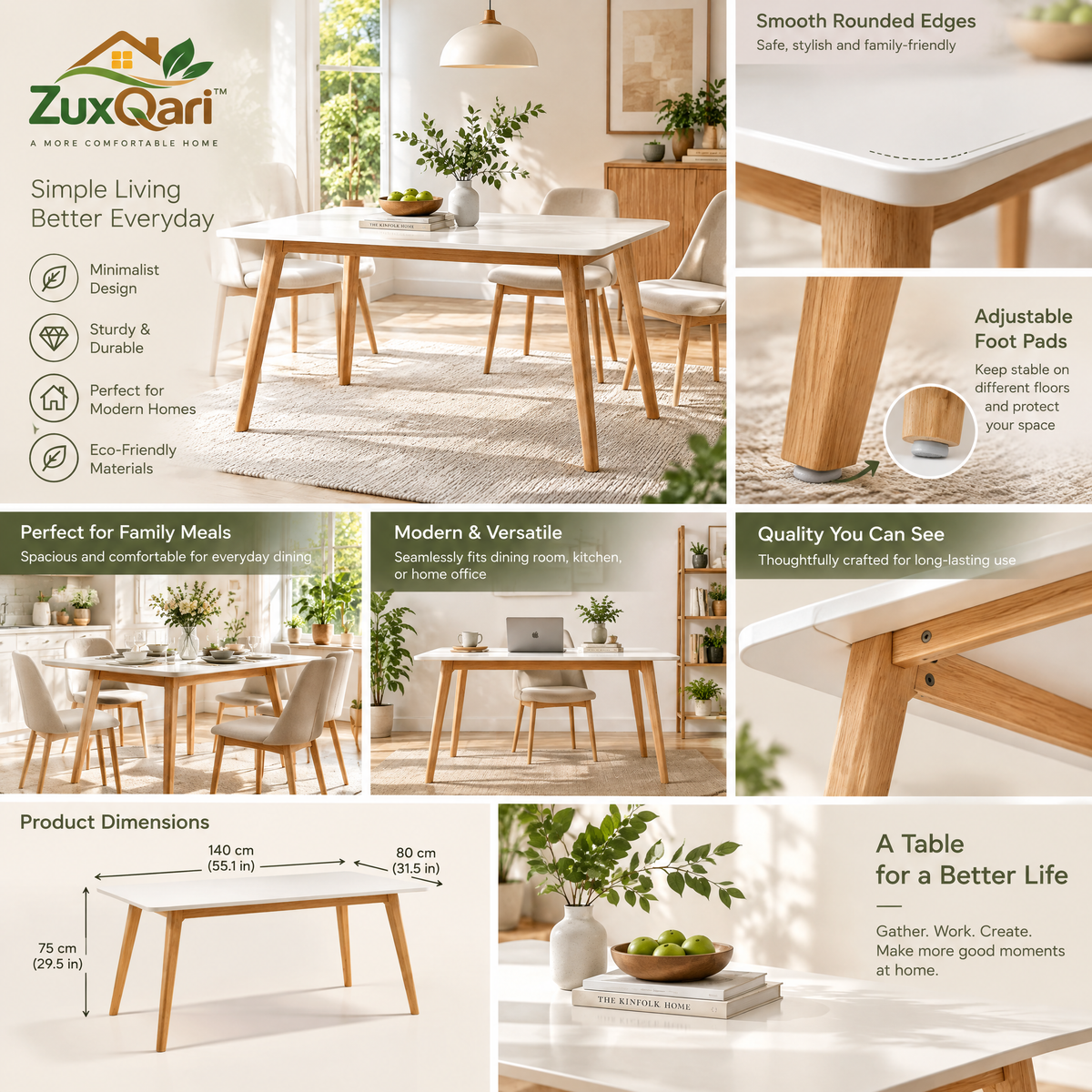 ZuxQari™ Modern Minimalist Dining Table, Scandinavian Rectangular Kitchen Table with Solid Wood Legs &amp; Smooth Rounded Top