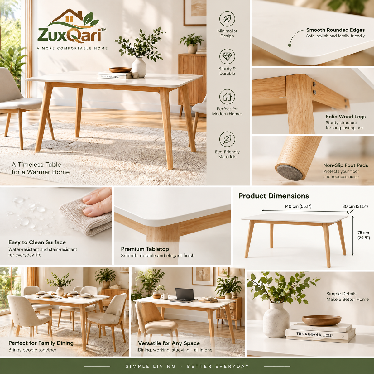 ZuxQari™ Modern Minimalist Dining Table, Scandinavian Rectangular Kitchen Table with Solid Wood Legs &amp; Smooth Rounded Top
