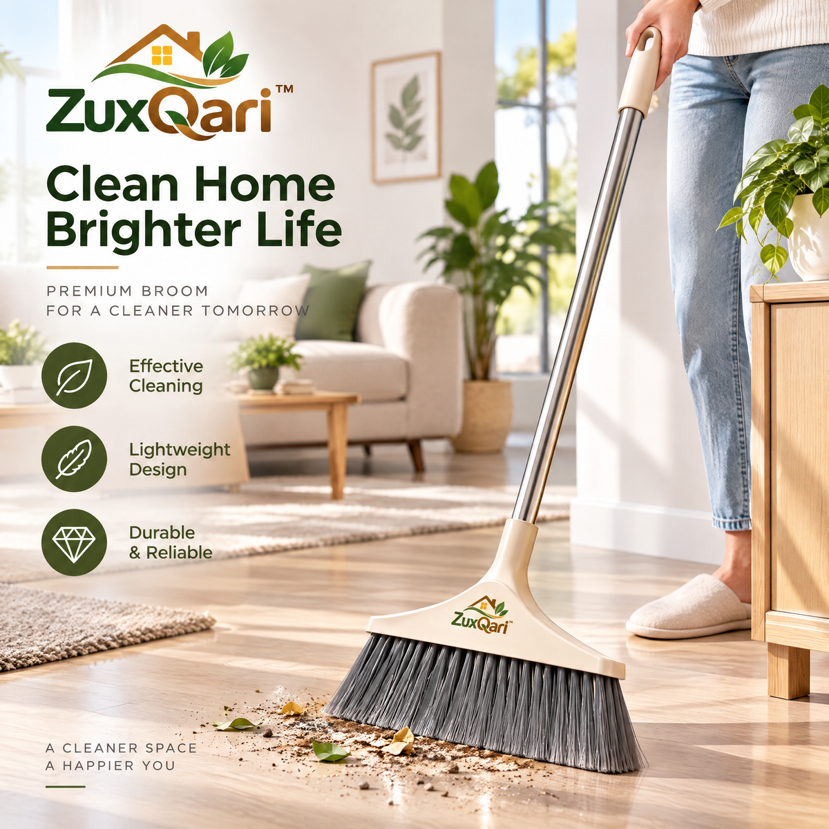 ZuxQari™ Premium Indoor Broom with Stainless Steel Handle – Lightweight &amp; Heavy-Duty Sweeper for Home, Kitchen, and Office Floor Cleaning