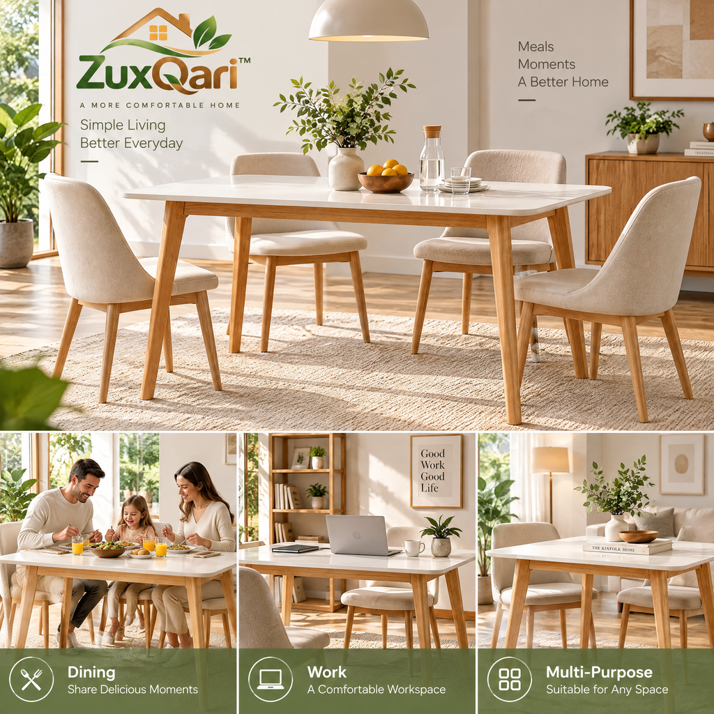 ZuxQari™ Modern Minimalist Dining Table, Scandinavian Rectangular Kitchen Table with Solid Wood Legs &amp; Smooth Rounded Top