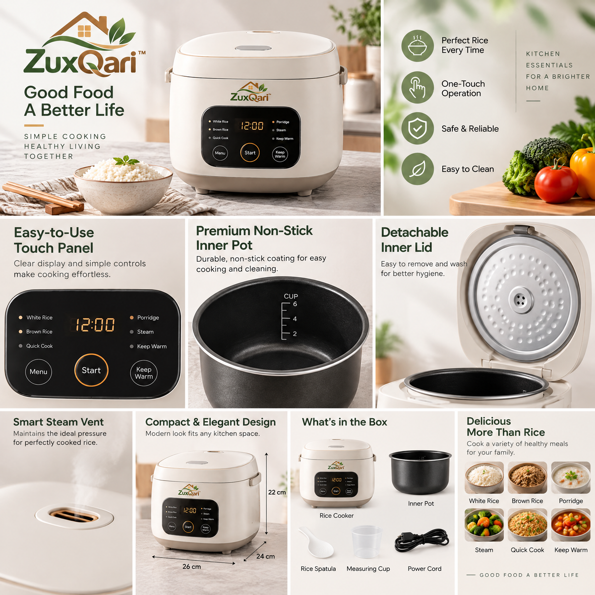 ZuxQari™ Smart Digital Rice Cooker – 6-in-1 Compact Multi-Cooker with One-Touch Control &amp; Keep Warm