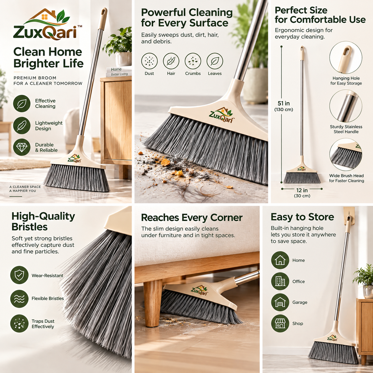 ZuxQari™ Premium Indoor Broom with Stainless Steel Handle – Lightweight &amp; Heavy-Duty Sweeper for Home, Kitchen, and Office Floor Cleaning