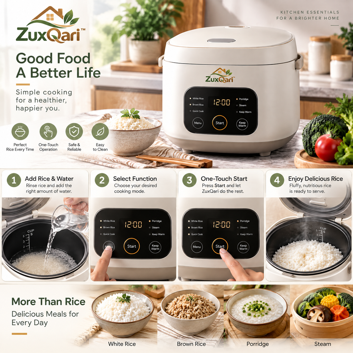 ZuxQari™ Smart Digital Rice Cooker – 6-in-1 Compact Multi-Cooker with One-Touch Control &amp; Keep Warm