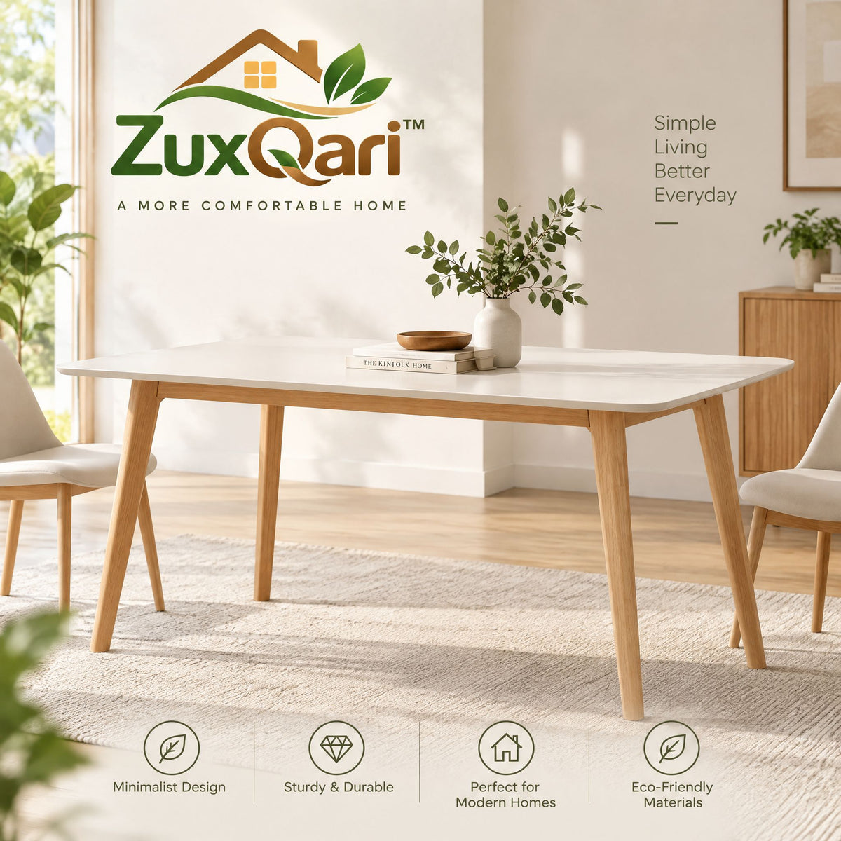 ZuxQari™ Modern Minimalist Dining Table, Scandinavian Rectangular Kitchen Table with Solid Wood Legs &amp; Smooth Rounded Top