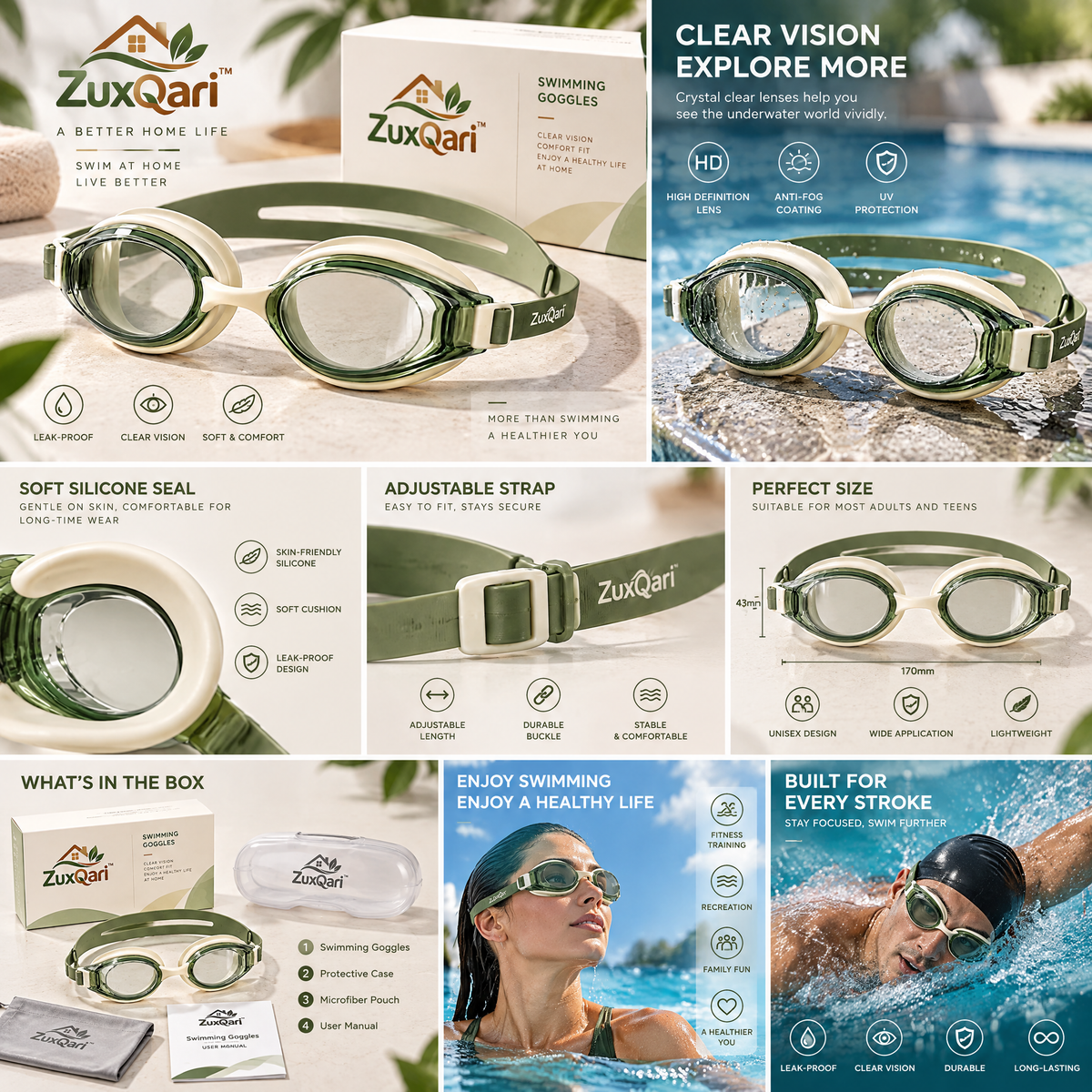 ZuxQari™ Anti-Fog Swimming Goggles – Ultra-Soft Leak-Proof Swim Eyewear with Crystal Clear Vision for Adults &amp; Teens (Sage Green)