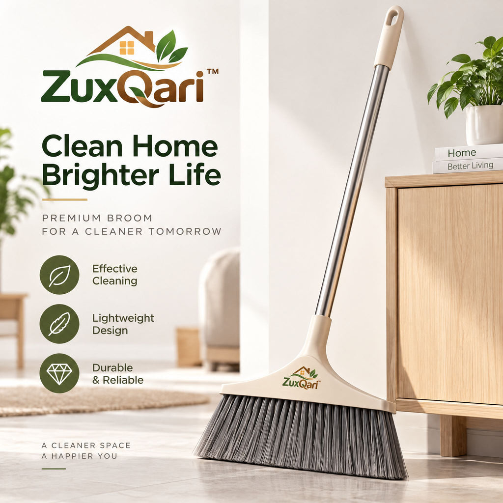 ZuxQari™ Premium Indoor Broom with Stainless Steel Handle – Lightweight &amp; Heavy-Duty Sweeper for Home, Kitchen, and Office Floor Cleaning