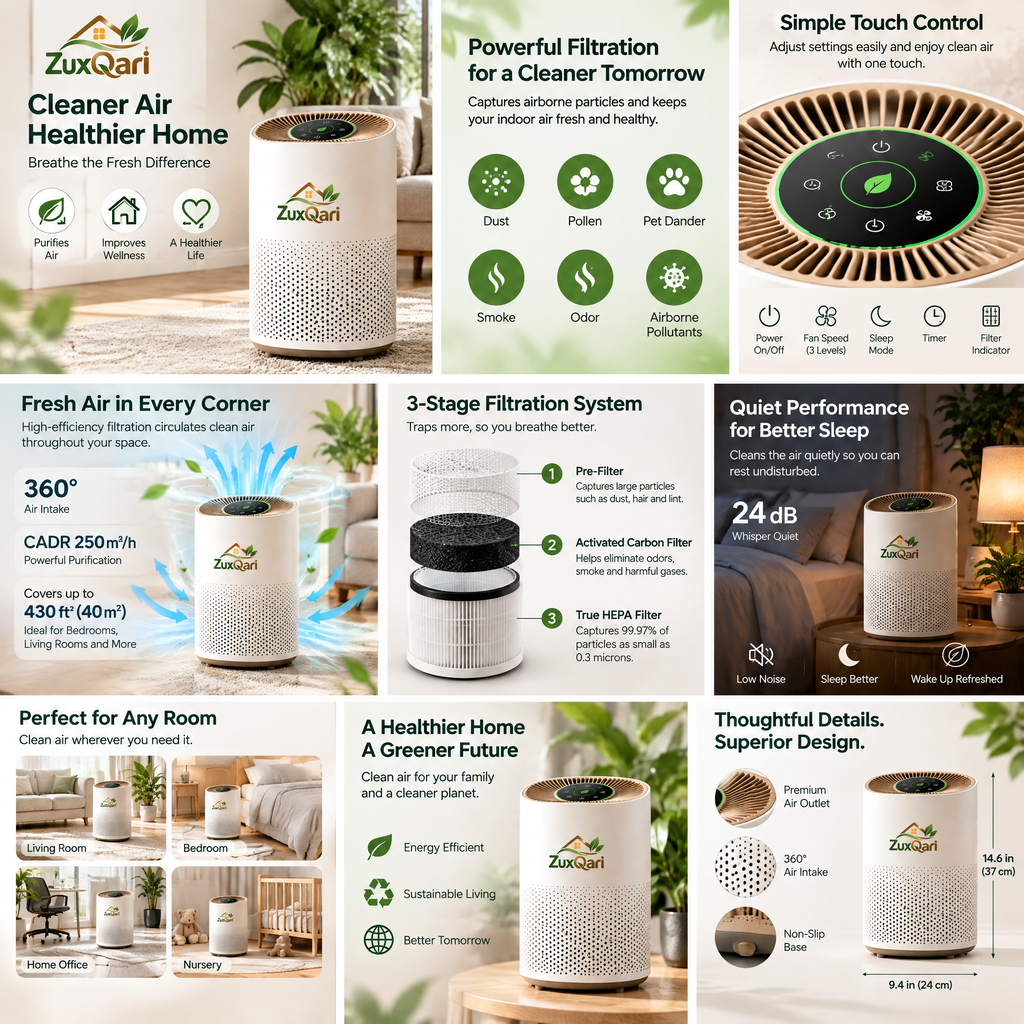 ZuxQari™ H13 True HEPA Air Purifier for Home Large Rooms – 360° Air Intake with Smart Touch Panel for Allergies, Smoke &amp; Pet Dander