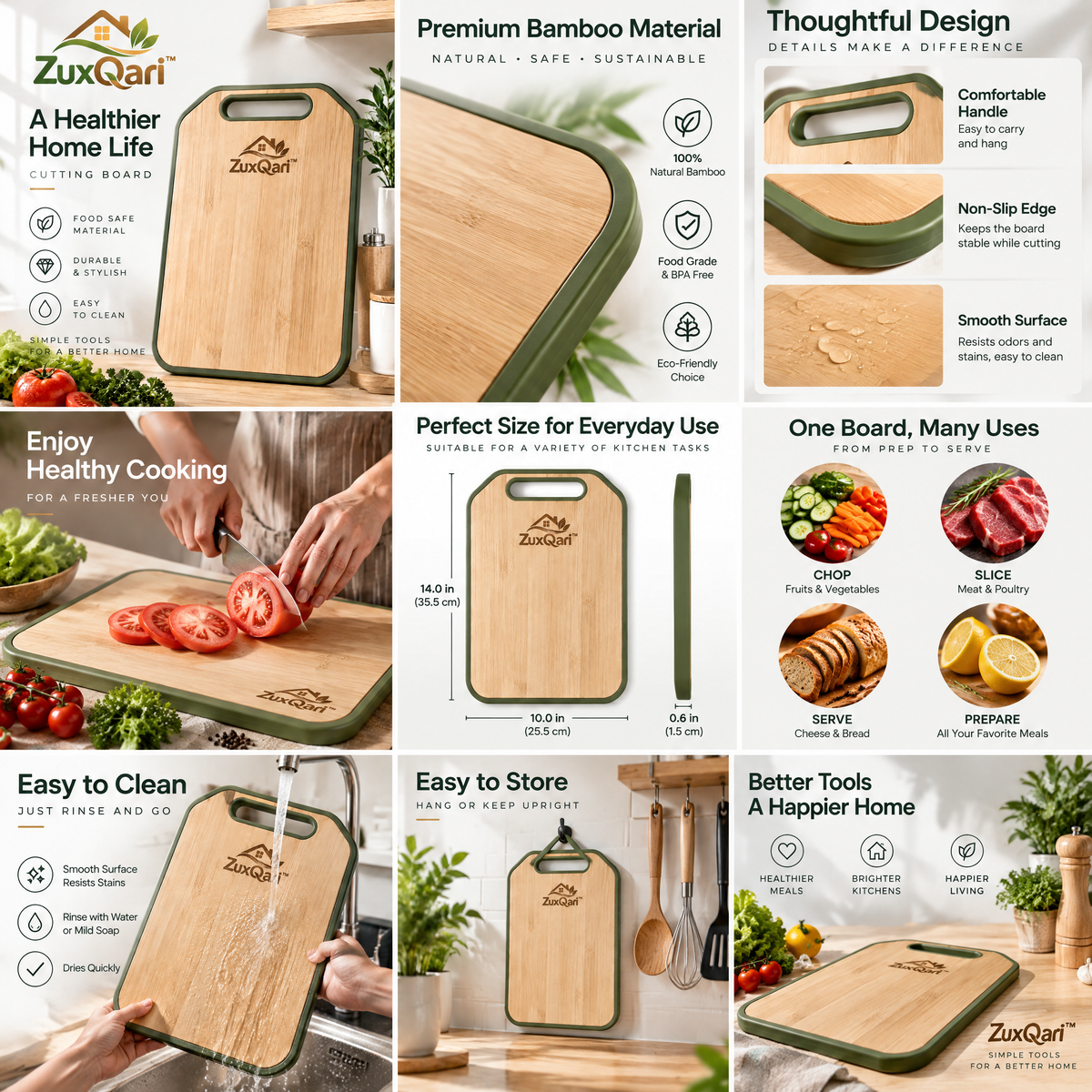ZuxQari™ Premium Bamboo Cutting Board with Non-Slip Grip Edge &amp; Built-In Handle – Food-Safe Wooden Chopping Board for Kitchen Meal Prep &amp; Serving