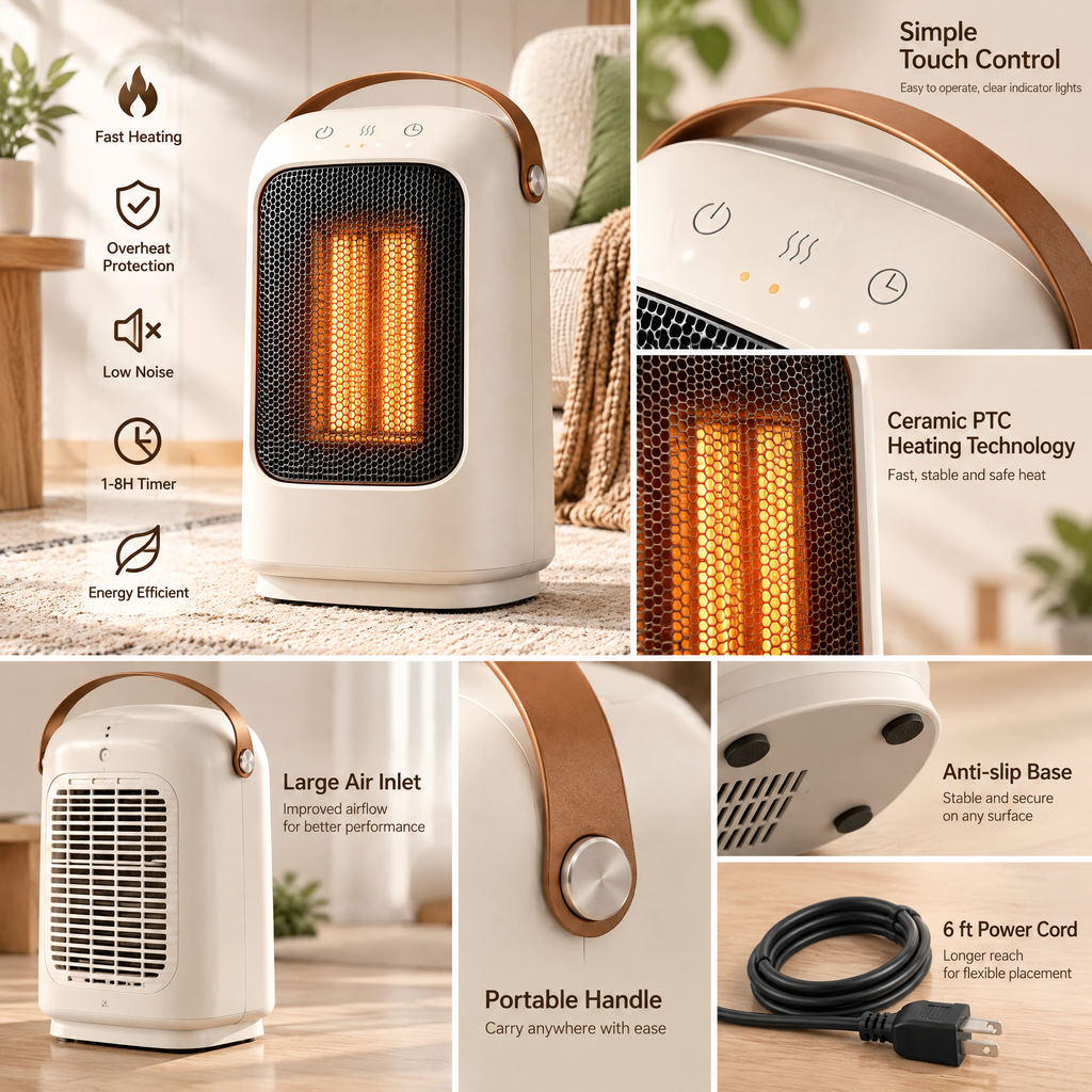 ZuxQari™ Portable Ceramic Space Heater with Smart Touch Control, Timer &amp; Leather Carry Handle for Home and Office