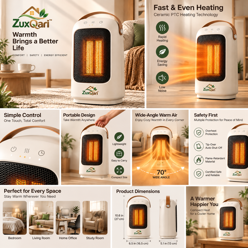 ZuxQari™ Portable Ceramic Space Heater with Smart Touch Control, Timer &amp; Leather Carry Handle for Home and Office