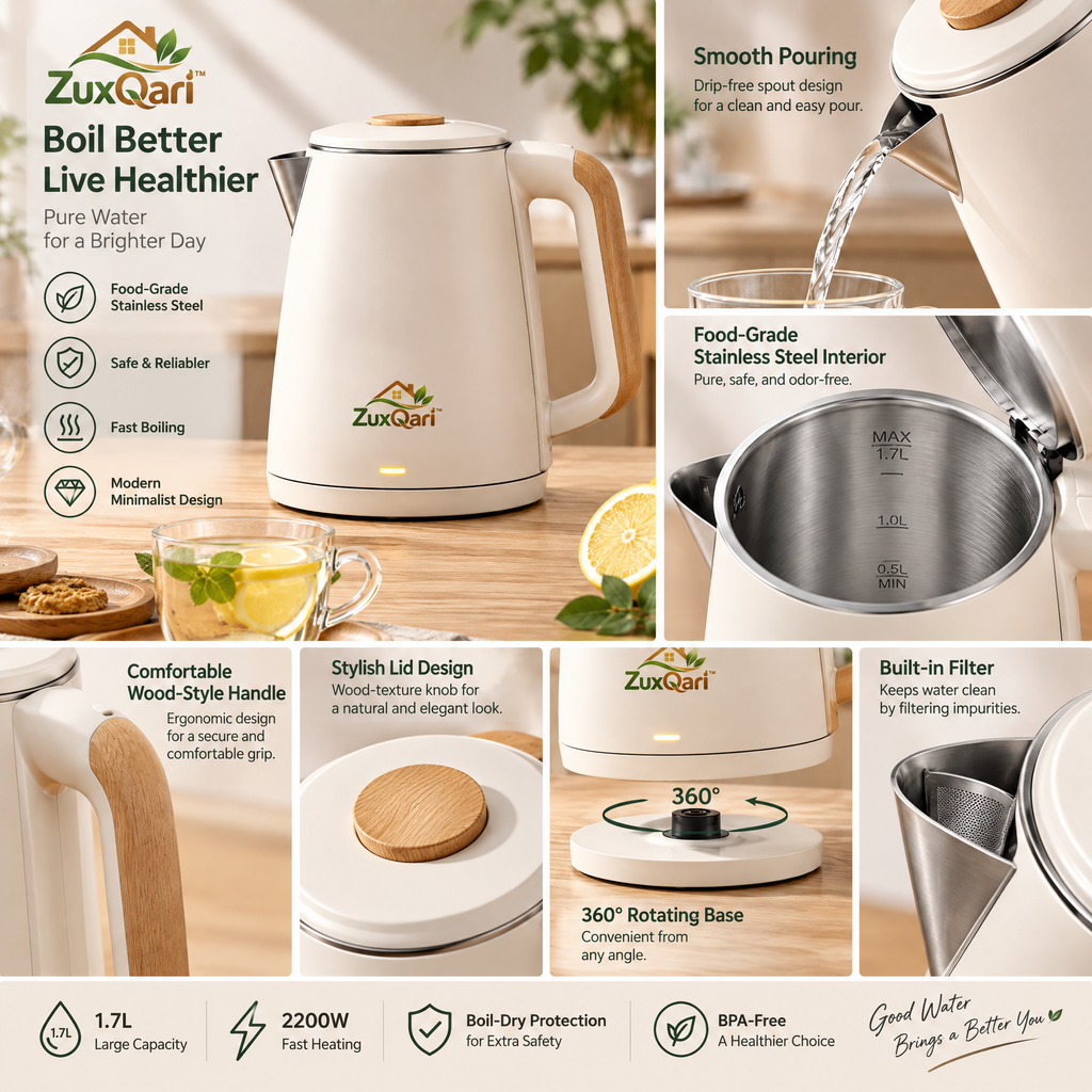 ZuxQari™ 1.7L Electric Kettle – Matte White Fast-Boiling Tea Kettle with Wood-Grain Accents &amp; Auto Shut-Off