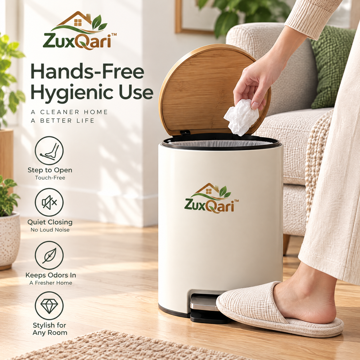 ZuxQari™ Nordic Style Step Trash Can with Natural Wood Lid – Modern Compact Hands-Free Garbage Bin for Bathroom, Bedroom, Living Room &amp; Office
